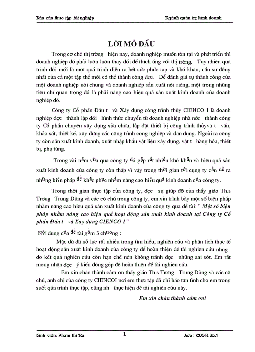 Một số biện pháp nhằm nâng cao hiệu quả hoạt động sản xuất kinh doanh tại Công ty Cổ phần Đầu tư và Xây dựng CIENCO I