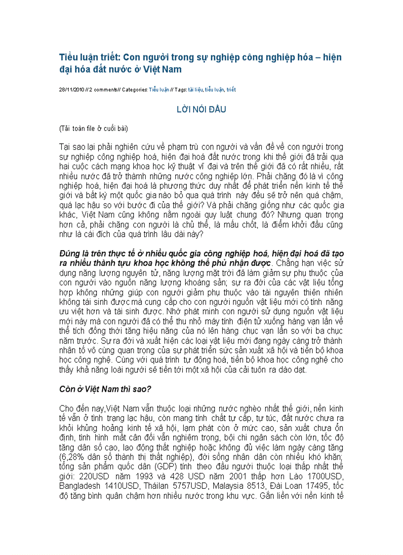 Tiểu luận triết Con người trong sự nghiệp công nghiệp hóa hiện đại hóa đất nước ở Việt Nam