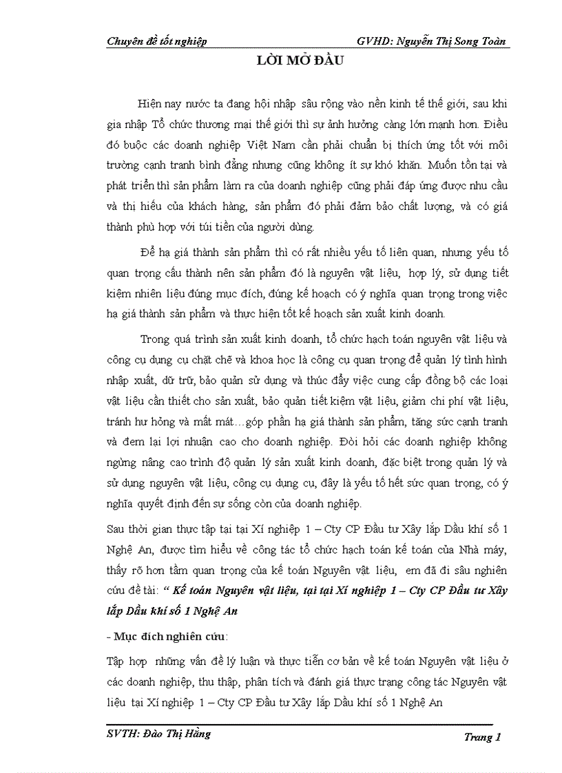 Kế toán Nguyên vật liệu tại tại Xí nghiệp 1 công ty CP Đầu tư Xây lắp Dầu khí số 1 Nghệ An