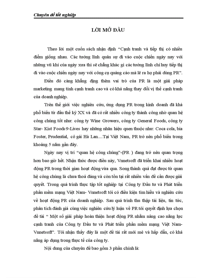 Một số biện pháp hoàn thiện hoạt động PR nhằm nâng cao năng lực cạnh tranh của Công ty đầu tư và phát triển phần mềm mạng Việt Nam Vnnetsoft