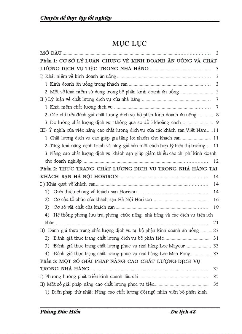 Thực trạng và các giải pháp nâng cao chất lượng dịch vụ trong kinh doanh nhà hàng tại khách sạn Hà Nội Horison