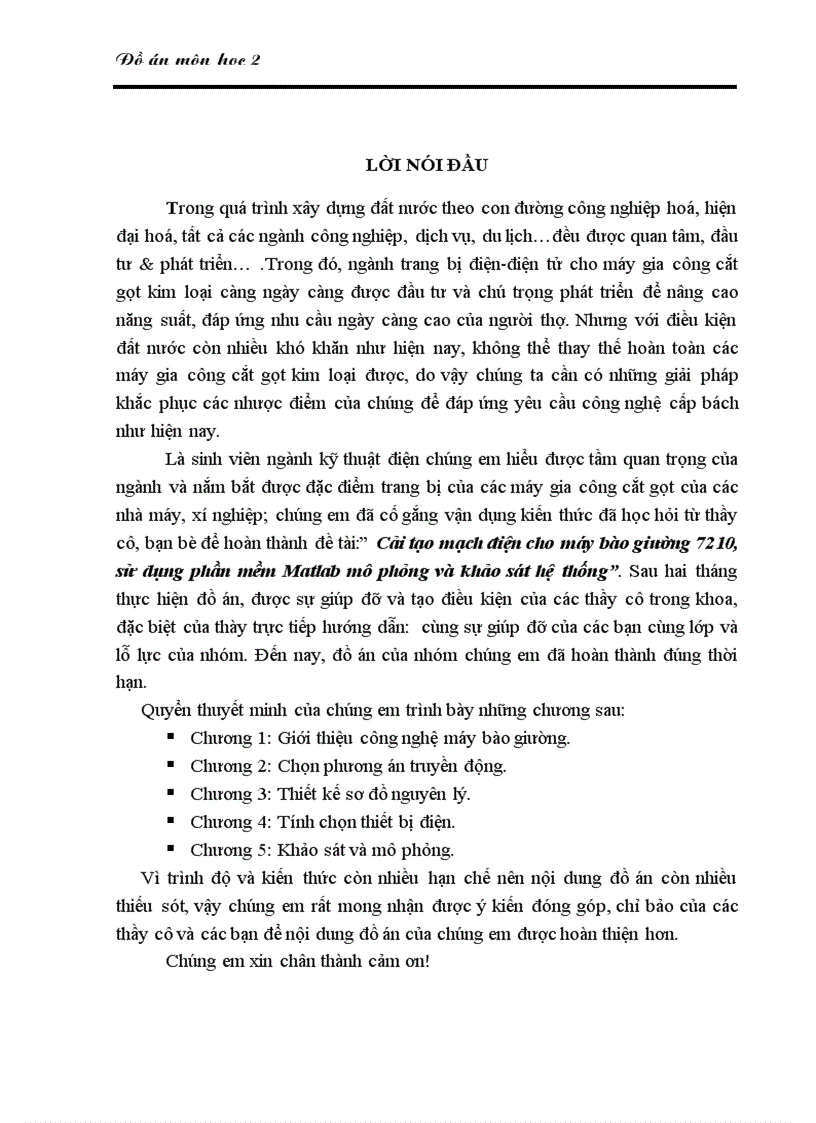 Cải tạo mạch điện cho máy bào giường 7210 sử dụng phần mềm Matlab mô phỏng và khảo sát hệ thống