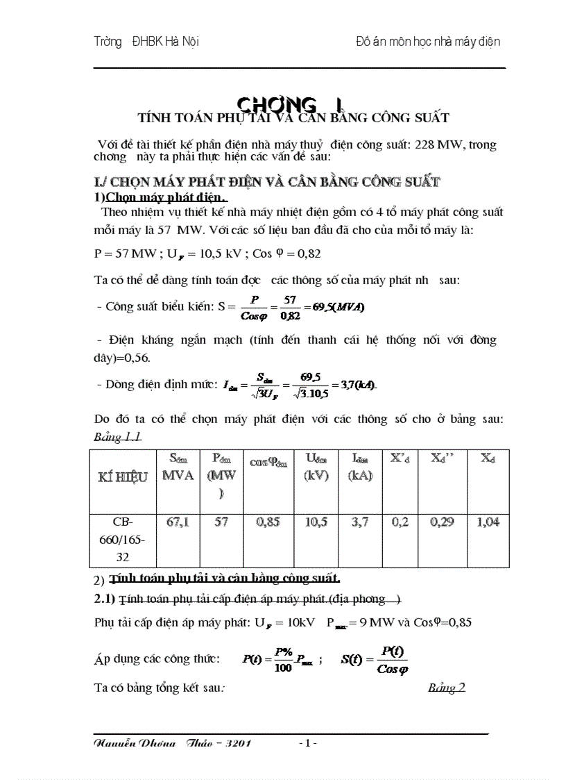 Thiết kế phần điện nhà máy thuỷ điện công suất 228 MW Nguyễn Phương Thảo