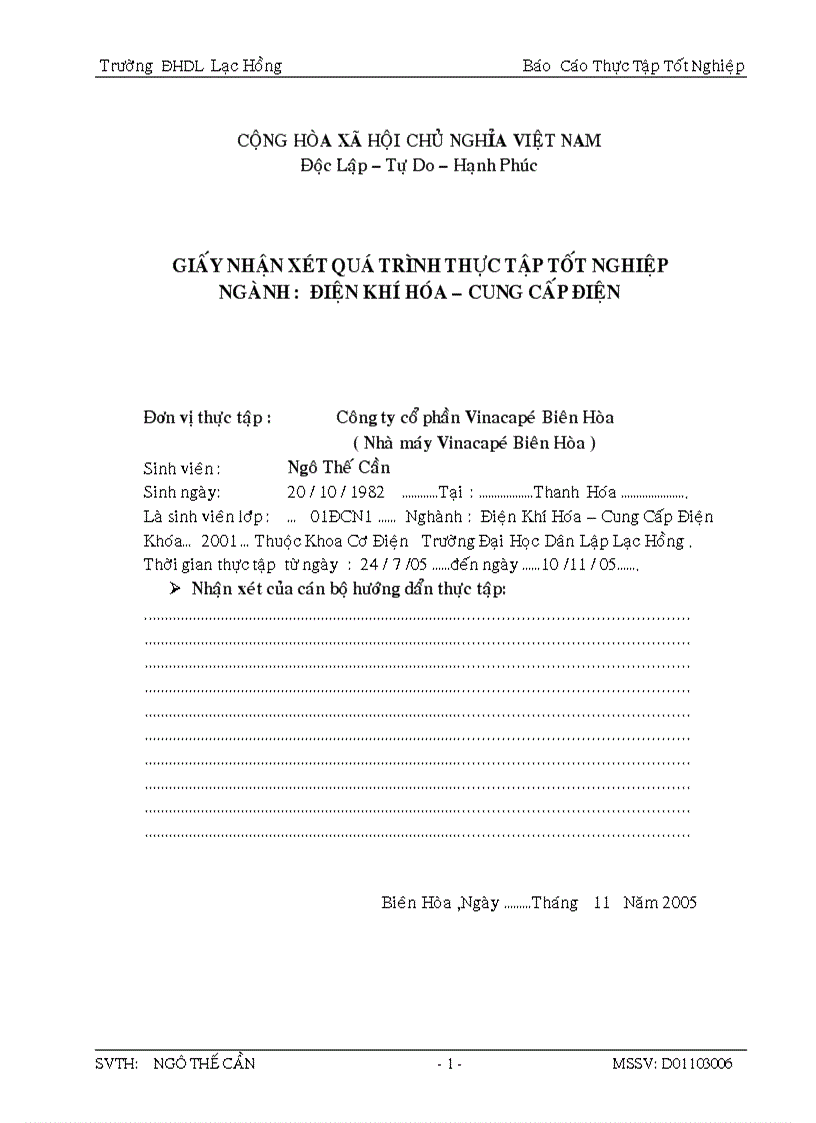 Thực tập tốt nghiệp ngành điện khí hóa cung cấp điện Công ty cổ phần Vinacapé Biên Hòa