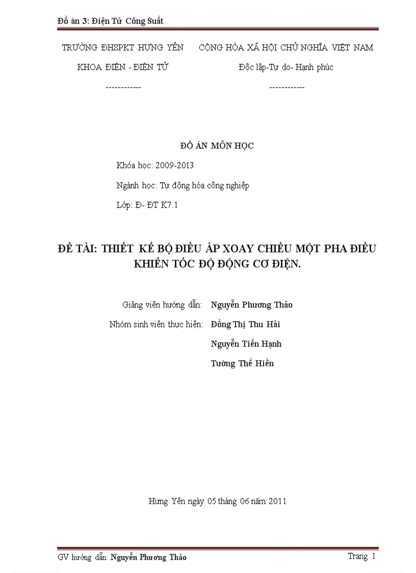 Nghiên cứu thiết kế bộ điều áp xoay chiều một pha điều khiển tốc độ động cơ