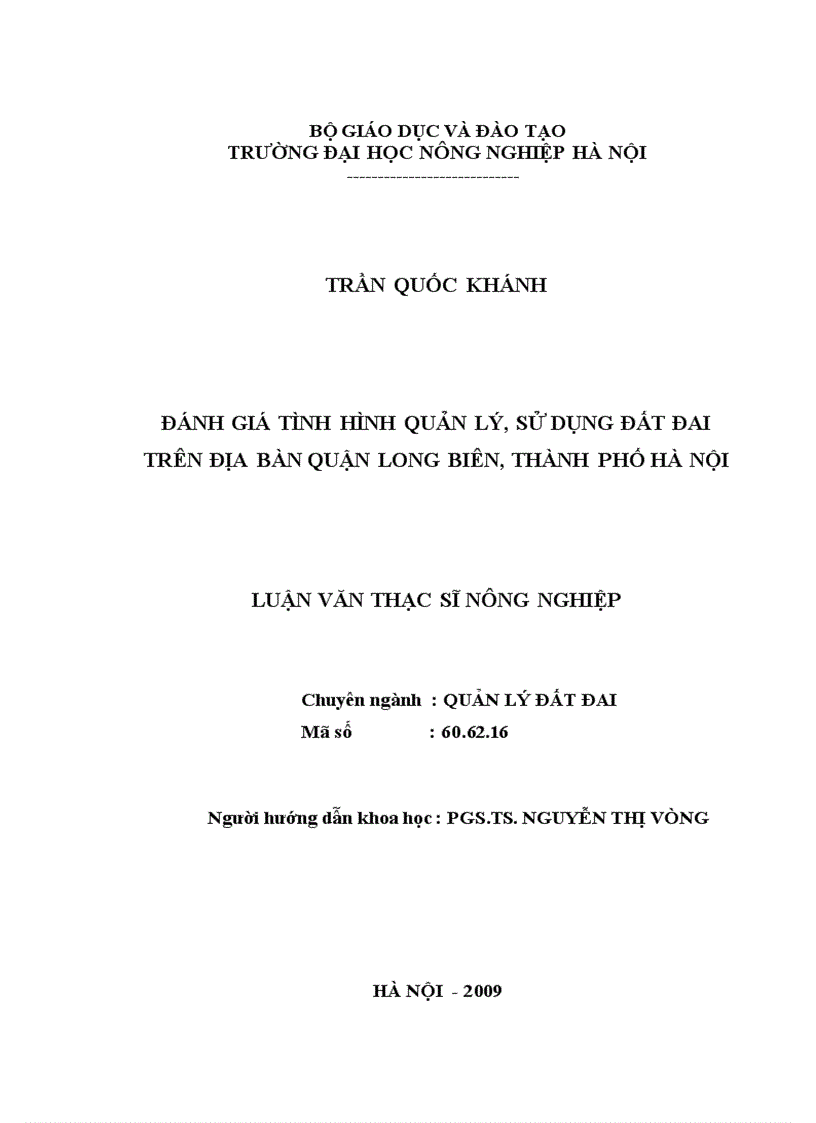 Đánh giá tình hình quản lý sử dụng đất đai trên địa bàn quận Long Biên thành phố Hà Nội