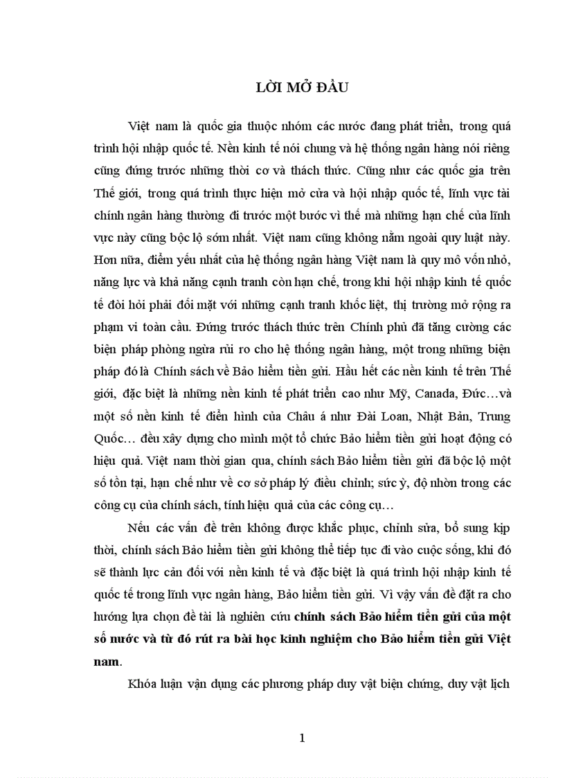 Chính sách Bảo hiểm tiền gửi của một số nước và bài học kinh nghiệm cho Bảo hiểm tiền gửi Việt nam