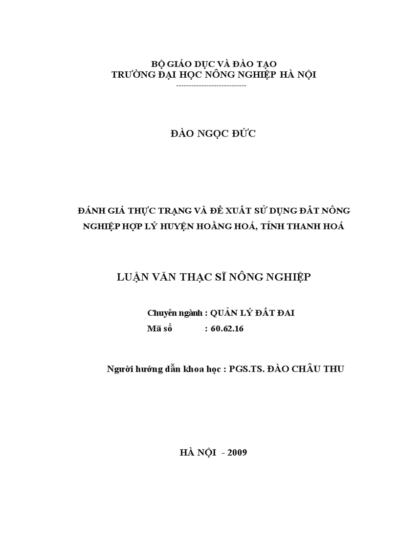Đánh giá thực trạng và đề xuất sử dụng đất nông nghiệp hợp lý huyện Hoằng Hoá tỉnh Thanh Hoá