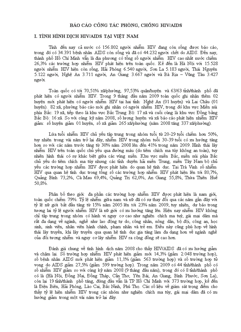 Báo cáo công tác phòng chống HIV AIDS tại Việt Nam năm 2009