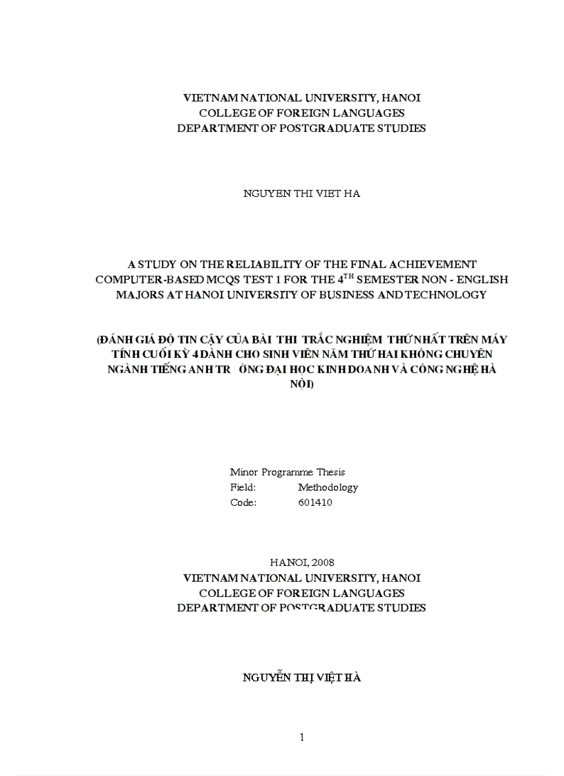 Astudy on the reliability of the final achievement computer based mcqs test 1 for the 4th semester non english majors at hanoi university of business and technology