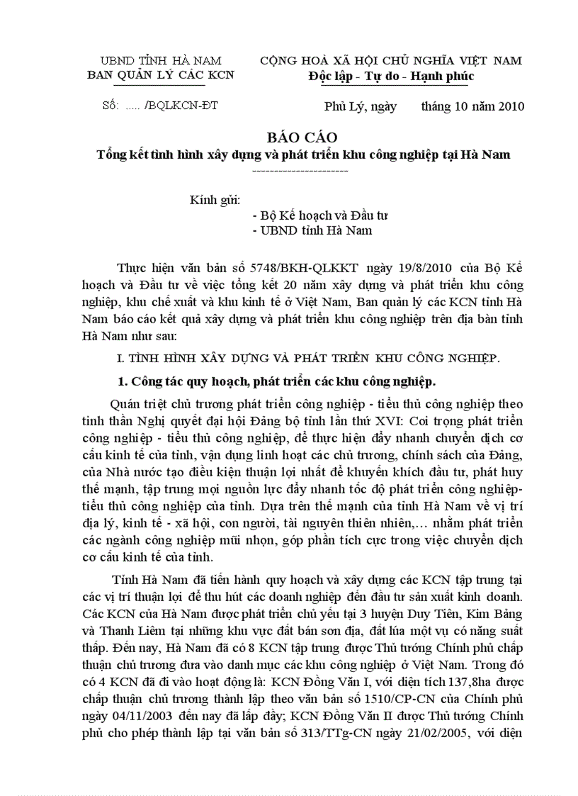 Báo cáo tổng kết 20 năm xây dựng và phát triển khu công nghiệp tại Hà Nam