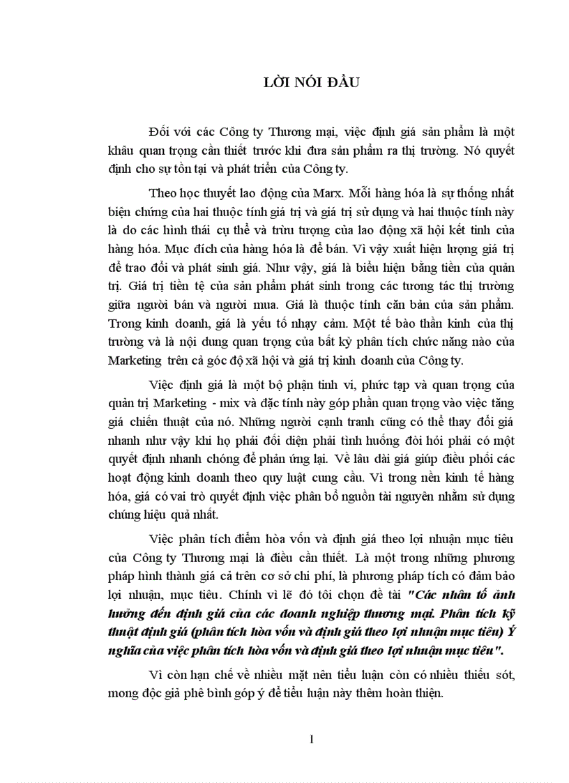 Tiểu luận Các nhân tố ảnh hưởng đến định giá của các doanh nghiệp thương mại Phân tích kỹ thuật định giá phân tích hòa vốn và định giá theo lợi nhuận mục tiêu