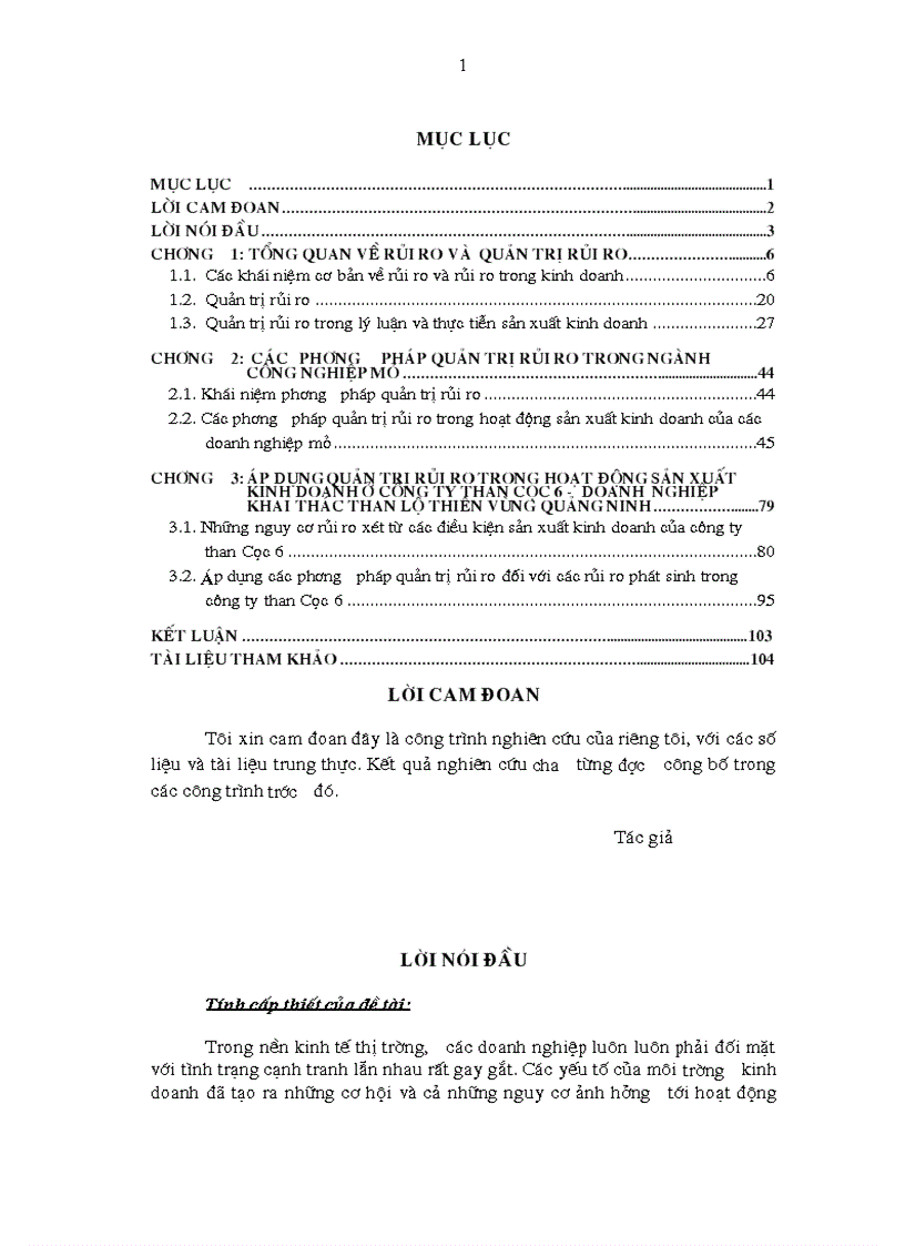Quản trị rủi ro trong hoạt động sản xuất kinh doanh của doanh nghiệp công nghiệp mỏ áp dụng cho một doanh nghiệp khai thác than lộ thiên vùng Quảng Ninh