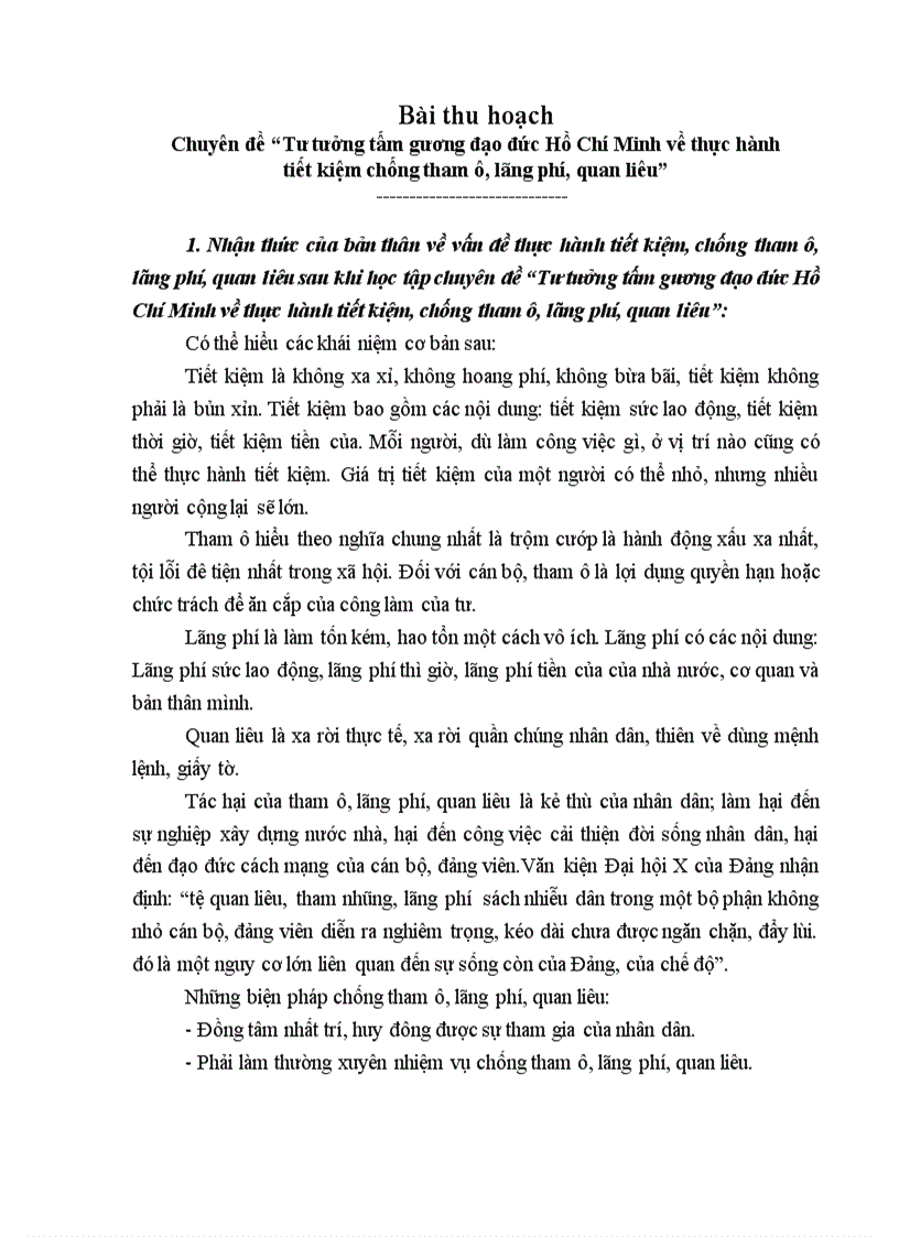 Bài thu hoạch Chuyên đề Tư tưởng tấm gương đạo đức Hồ Chí Minh về thực hành tiết kiệm chống tham ô lãng phí quan liêu