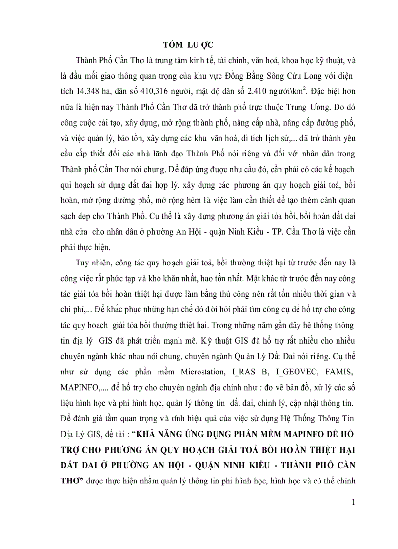 Khả năng ứng dụng phần mềm mapinfo để hổ trợ cho phương án quy hoạch giải toả bồi hoàn thiệt hại đất đai ở phường an hội quận ninh kiều thành phố cần thơ