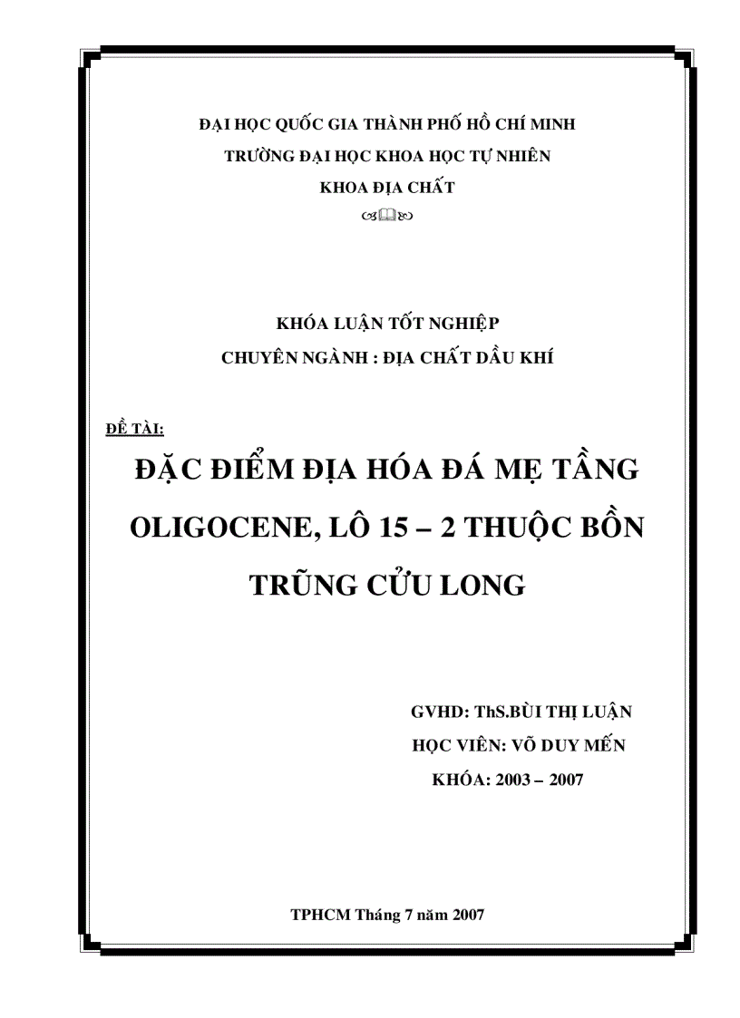 Đặc Điểm Địa Hóa Đá Mẹ Tầng Oligocene Lô 15 2 Thuộc Bồn Trũng Cửu Long