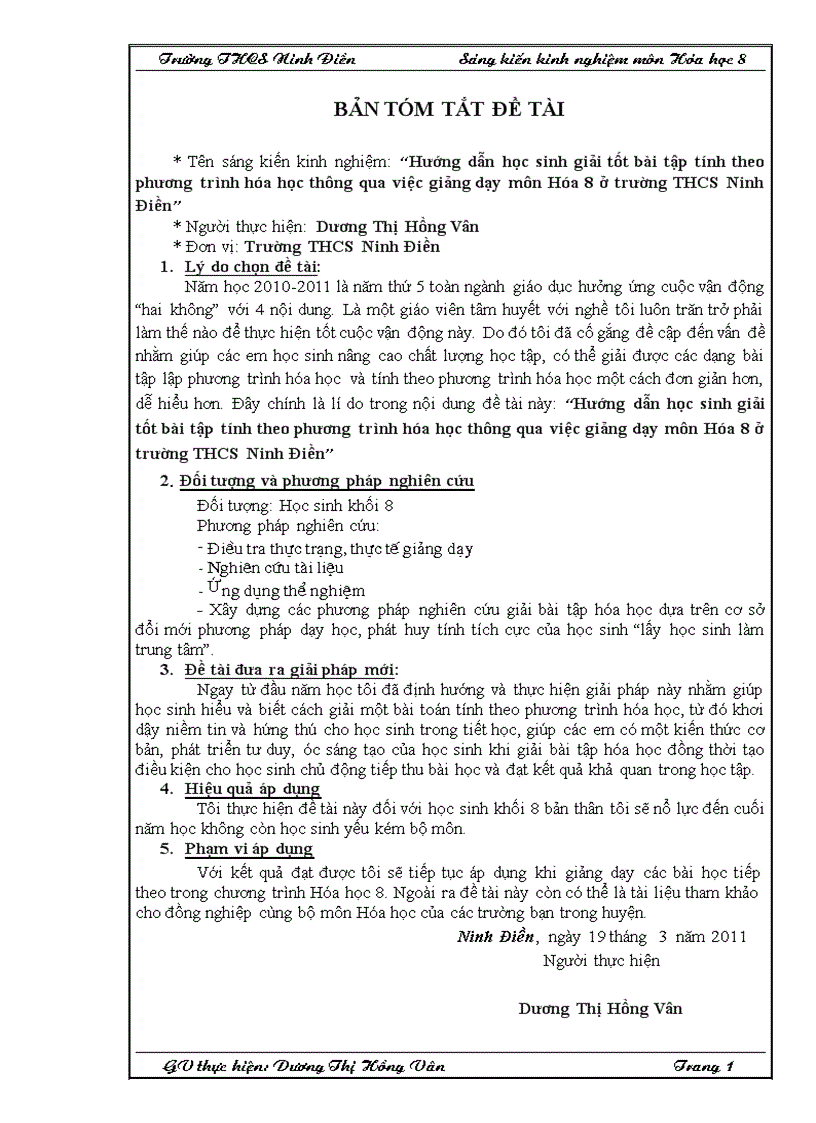 Hướng dẫn học sinh giải tốt bài tập tính theo phương trình hĩa học thơng qua việc giảng dạy môn Hóa 8 ở trường THCS Ninh Điền