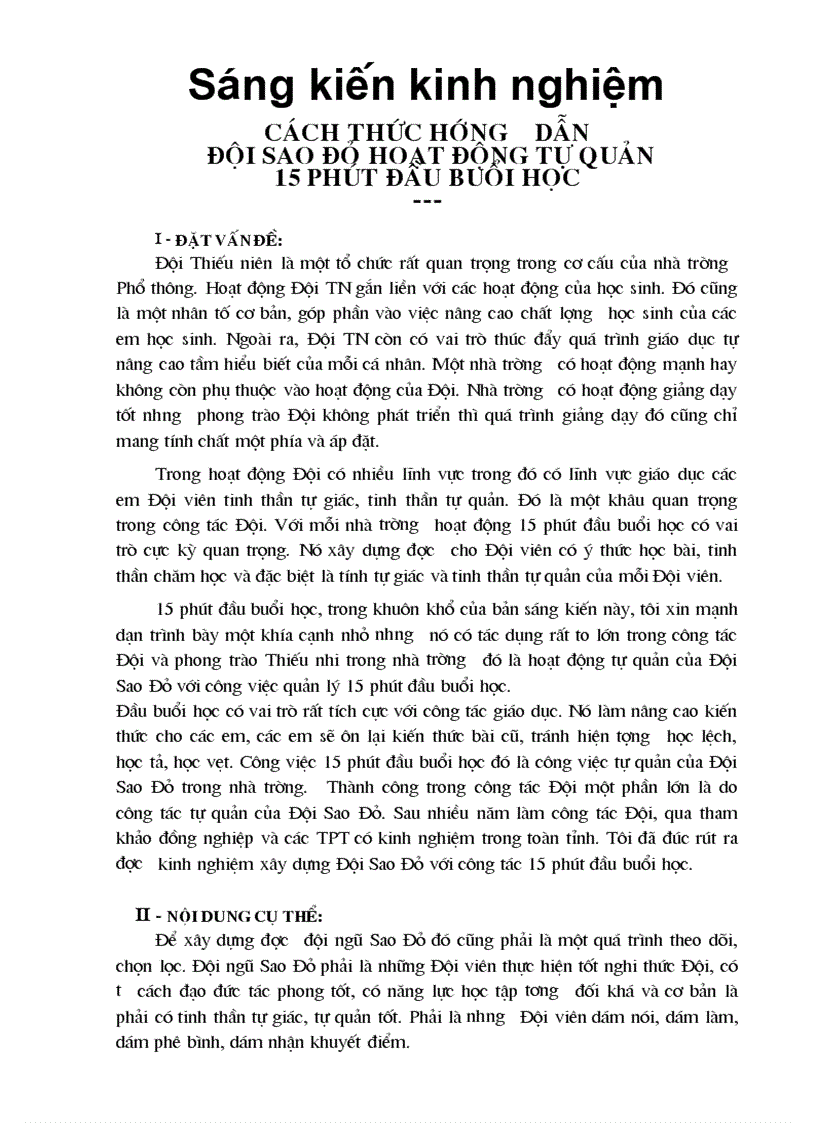 Cách thức hướng dẫn đội sao đỏ hoạt động tự quản 15 phút đầu buổi học