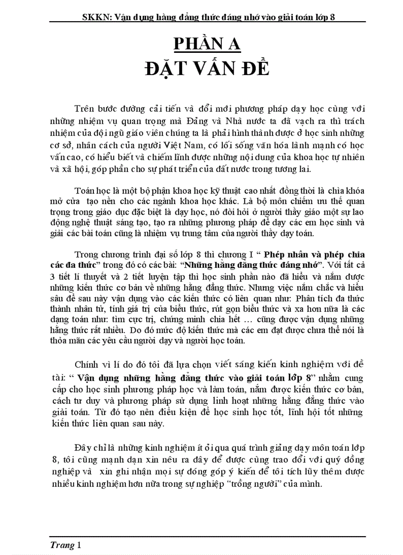 Vận dụng hằng đẳng thức đáng nhớ vào giải toán lớp 8