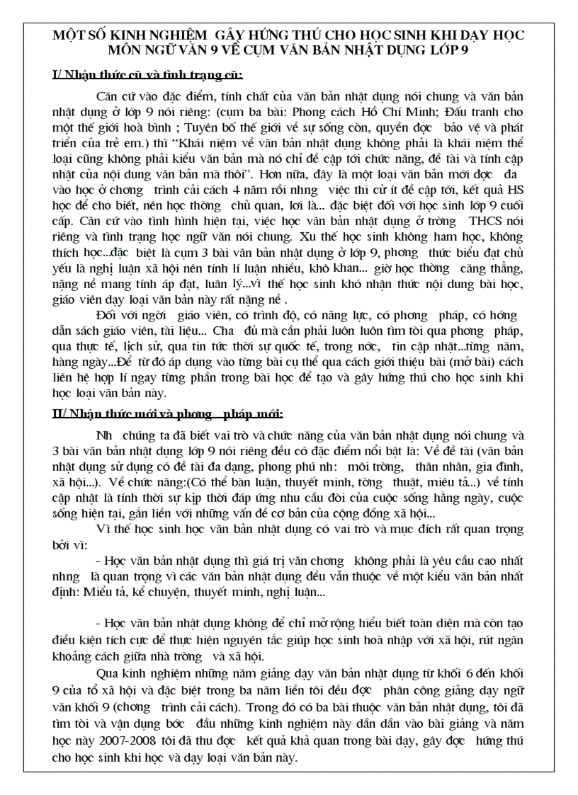 Một số kinh nghiệm gây hứng thú cho học sinh khi dạy học môn ngữ văn 9 về cụm văn bản nhật dụng lớp 9