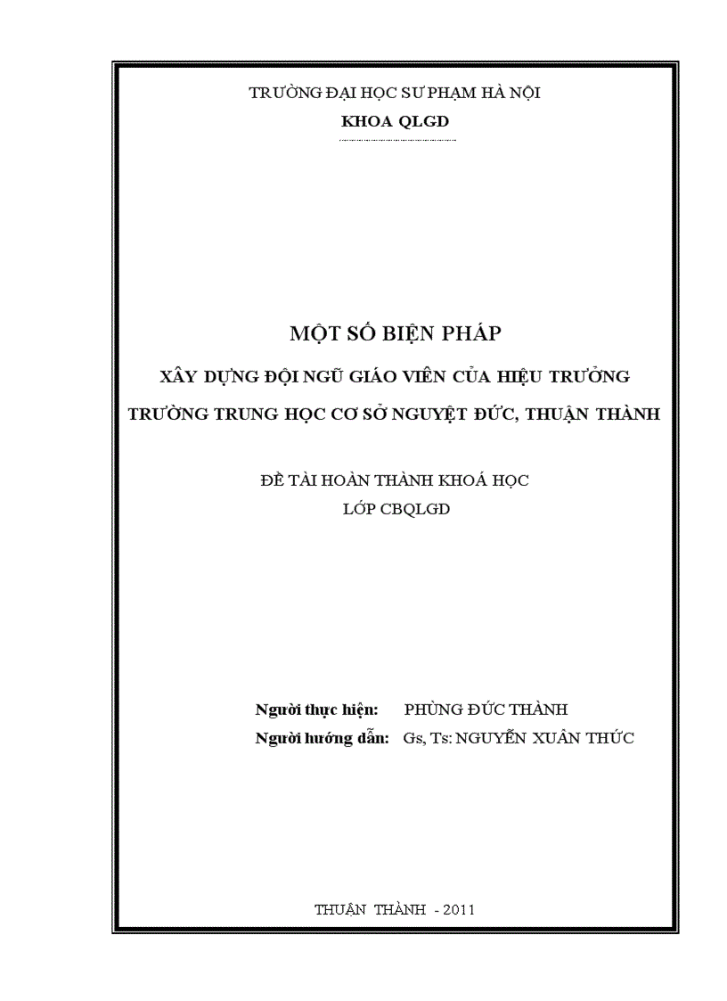 Một số biện pháp xây dựng đội ngũ giáo viên của hiệu trưởng trường trung học cơ sở nguyệt đức thuận thành