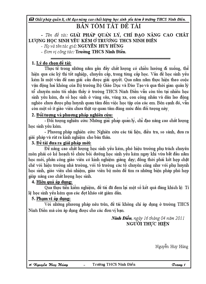 Gia i pha p qua n ly chi đa o nâng cao chất lượng học sinh yếu kém ơ trươ ng thcs ninh điền