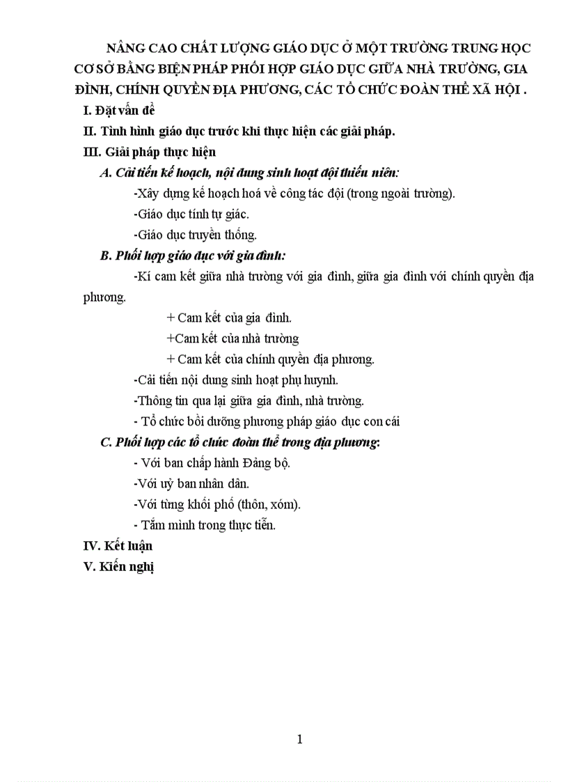 Nâng cao chất lượng giáo dục ở một trường trung học cơ sở bằng biện pháp phối hợp giáo dục giữa nhà trường gia đình chính quyền địa phương các tổ chức đoàn thể xã hội