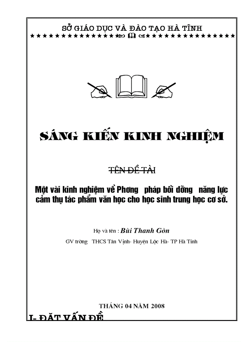 Một vài kinh nghiệm về Phương pháp bồi dưỡng năng lực cảm thụ tác phẩm văn học cho học sinh trung học cơ sở