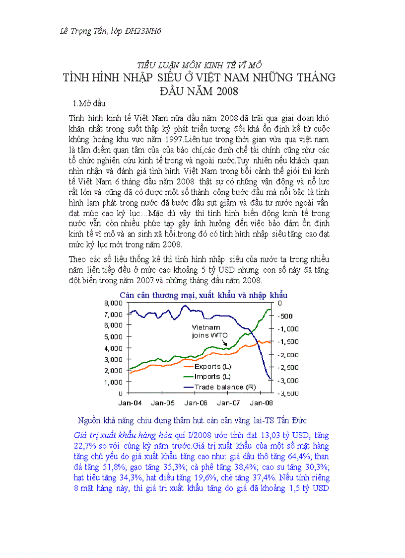 Tình hình nhập siêu ở việt nam những tháng đầu năm 2008