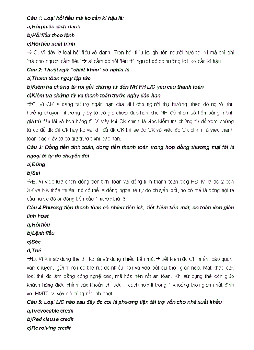 Ngân hàng câu hỏi trắc nghiệm về Thanh Toán Quốc Tế có đáp án