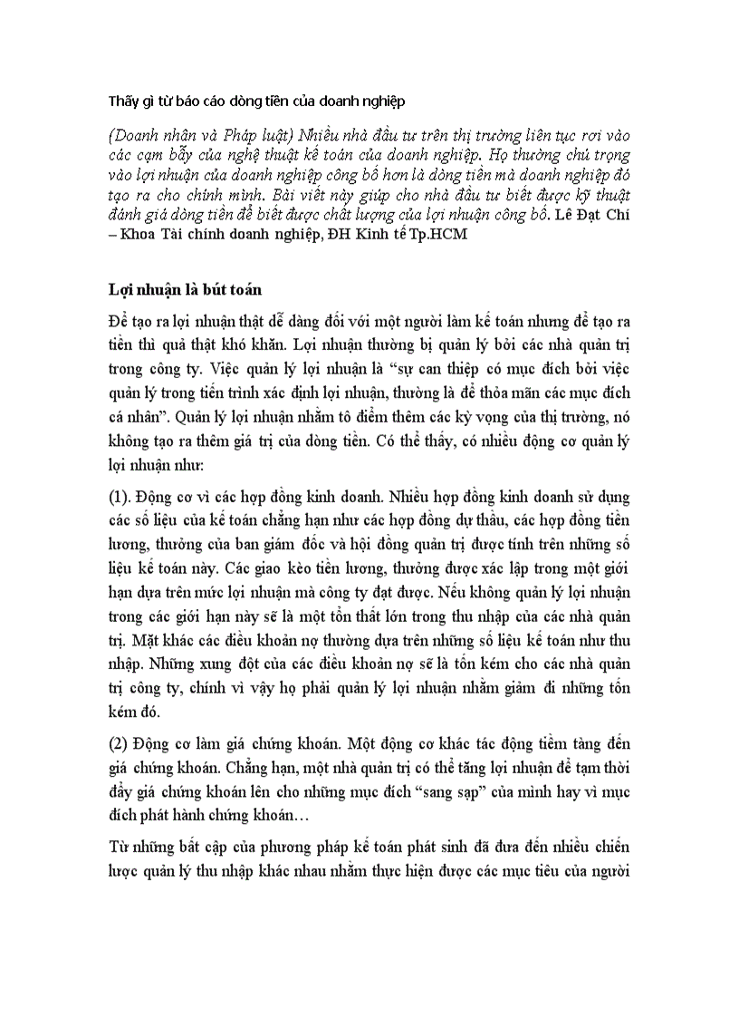 Thấy gì từ báo cáo dòng tiền của doanh nghiệp