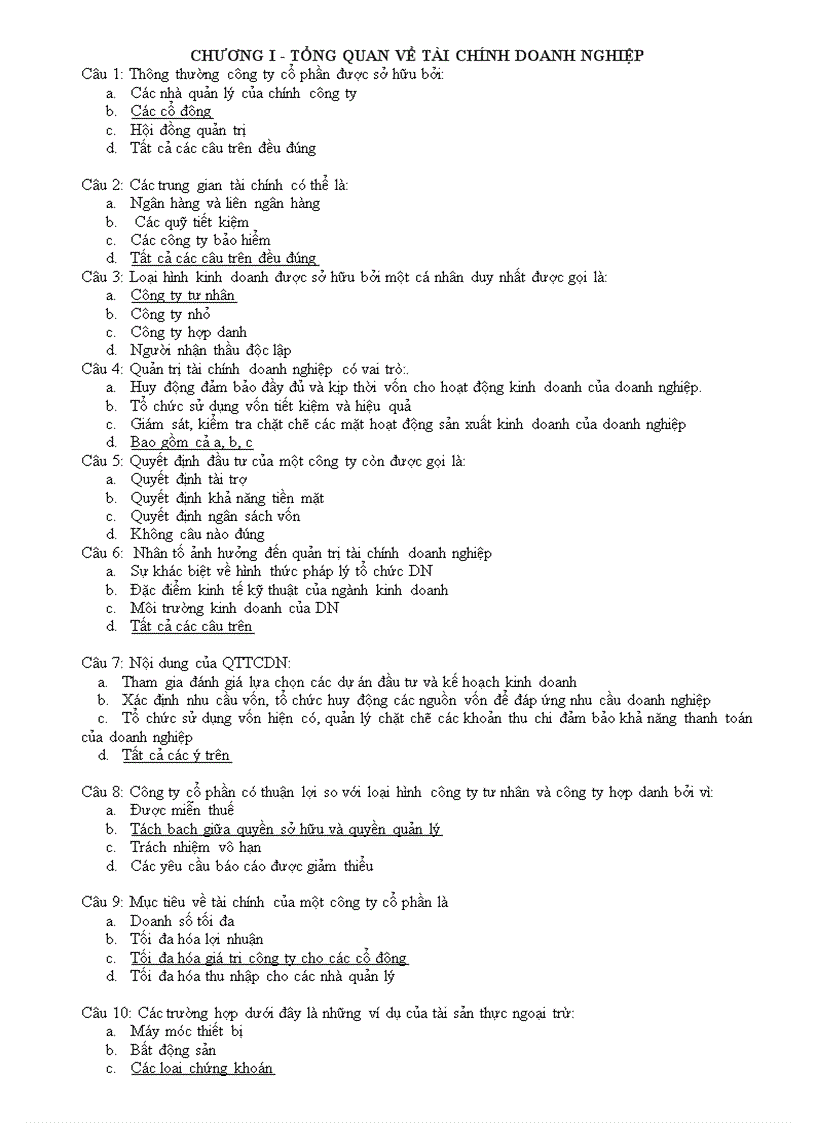 Ngân hàng câu hỏi trắc nghiệm về tài chính doanh nghiệp