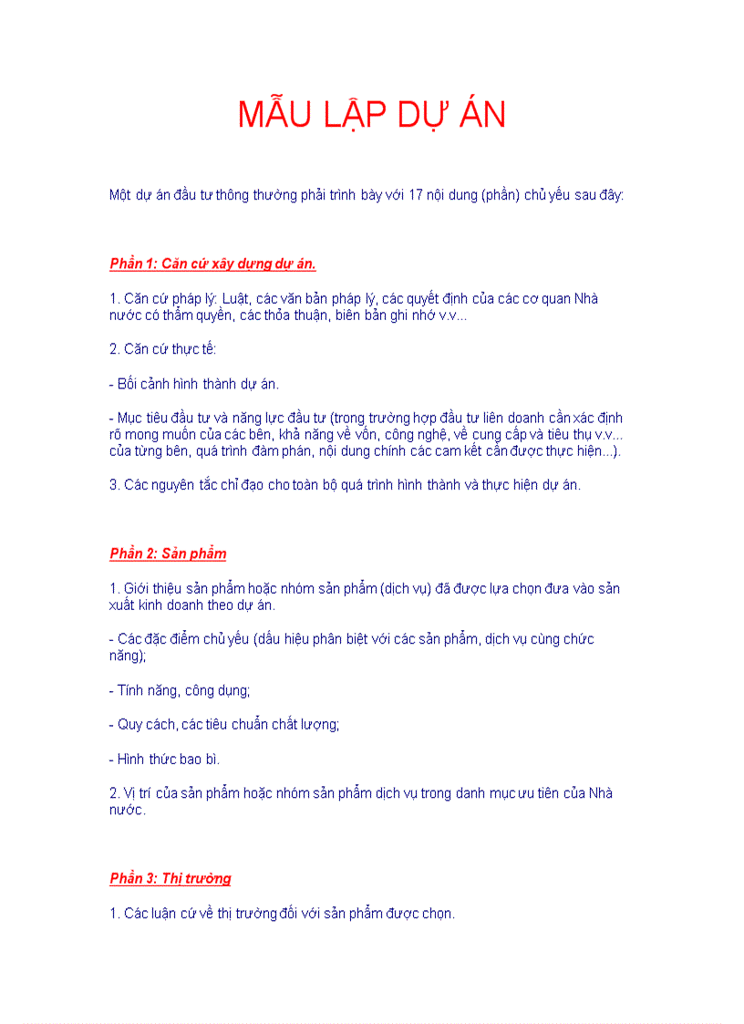 Mẫu lập một dựa án đầu tư