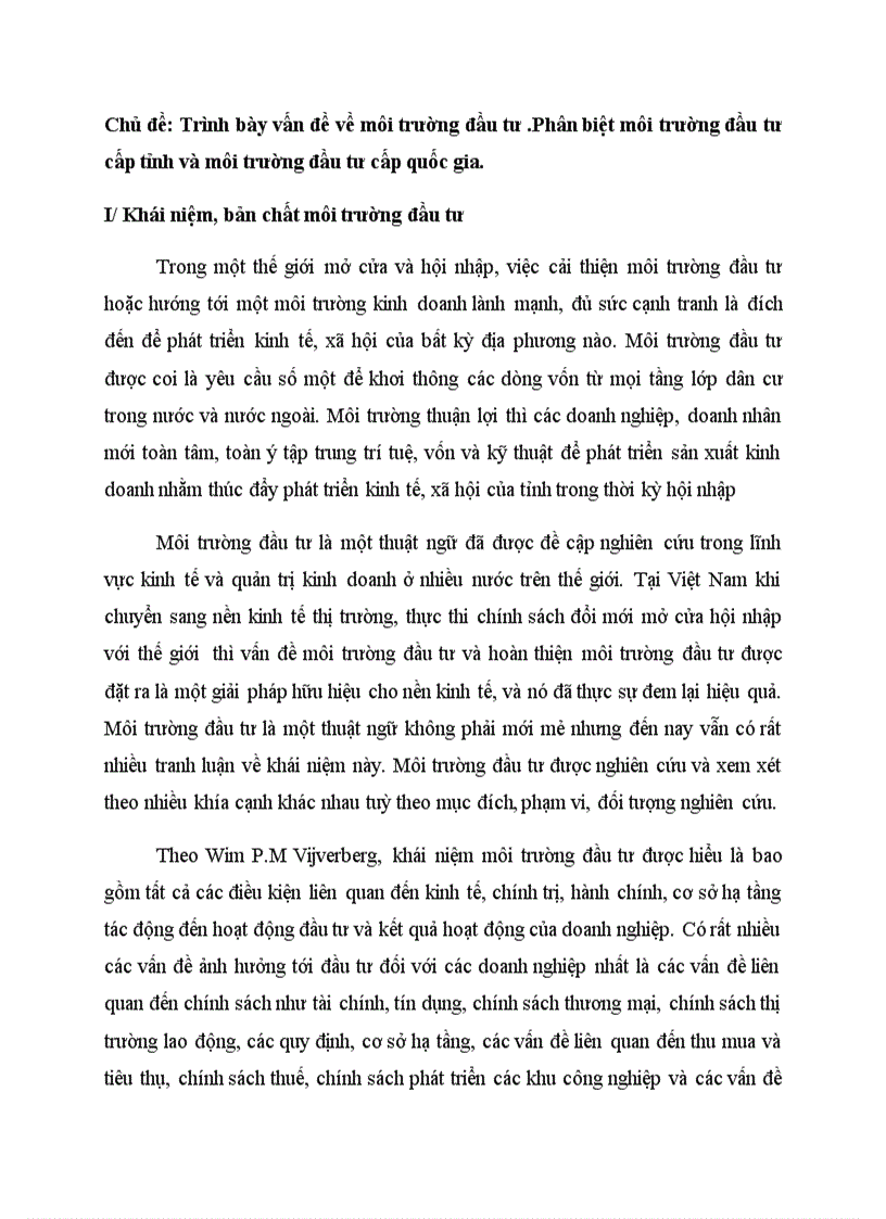 Môi trường đầu tư phân biệt môi trường đầu tư cấp tỉnh và cấp trung ương
