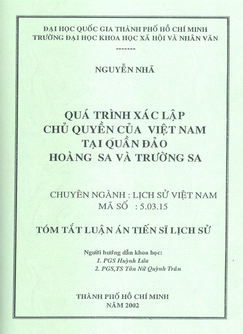 Luận án tiến sỹ lịch sử Quá trình xác lập chủ quyền của Việt Nam tại quần đảo Hoàng Sa và Trường Sa