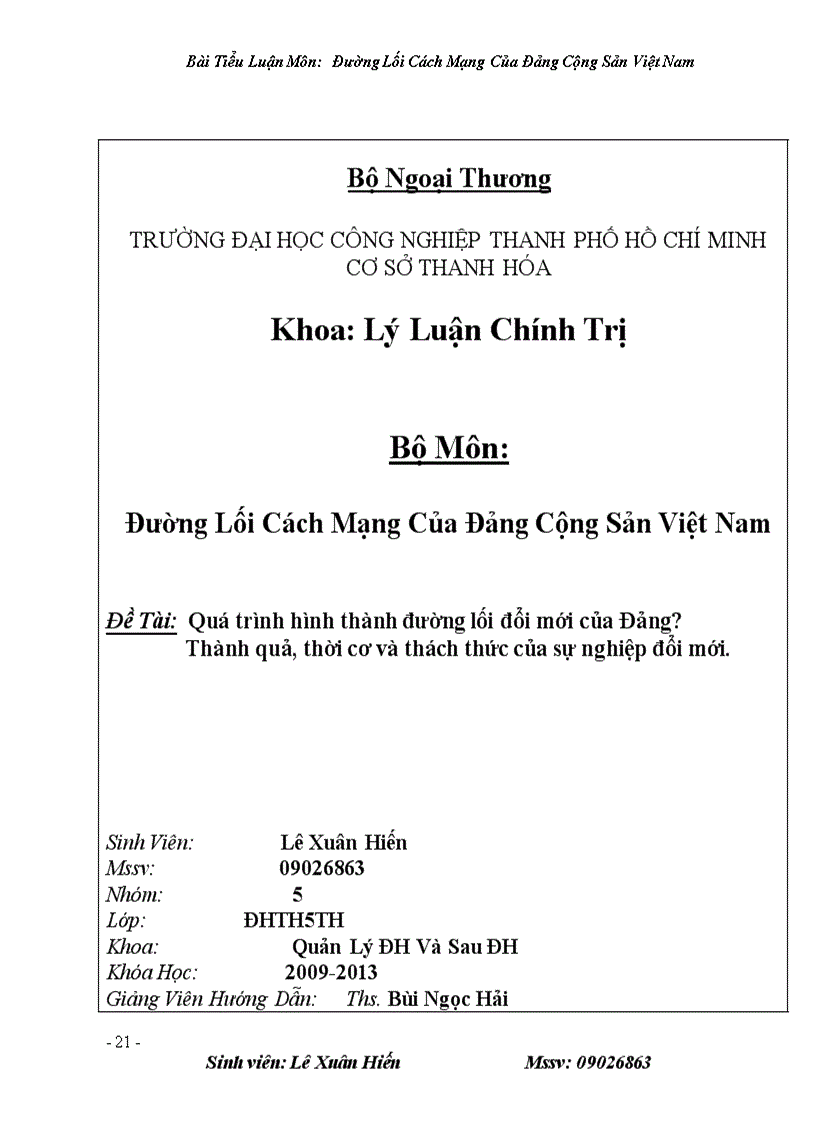 Quá trình hình thành đường lối đổi mới của Đảng Thành quả thời cơ và thách thức của sự nghiệp đổi mới