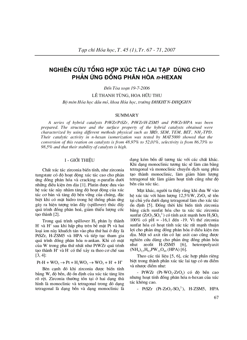 NGHIÊN CứU TổNG HợP XúC TáC LAI TạP DùNG CHO PHảN ứNG ĐồNG PHÂN Hóa n HEXAN