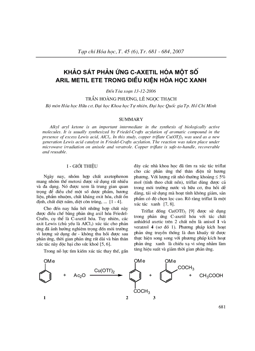 KHảO SáT PHảN ứNG C AxETIL HóA MộT Số ARIL METIL ETE TRONG ĐIềU KIệN HóA HọC XANH