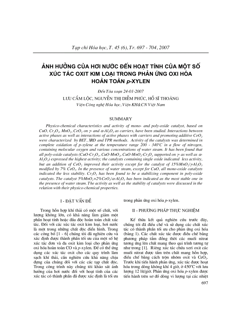 ẢNH HƯởNG CủA HƠI NƯớC ĐếN hoạt TíNH CủA MộT Số XúC TáC OXIT KIM LOạI TRONG PHảN ứNG OXI HóA HOàN TOàN p XYLEN