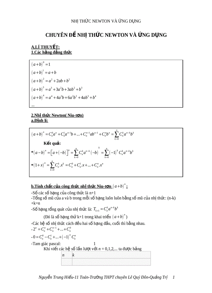 Nhị thức newton và ứng dụng trong giải toán