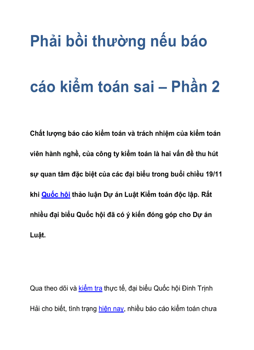 Phải bồi thường nếu báo cáo kiểm toán sai