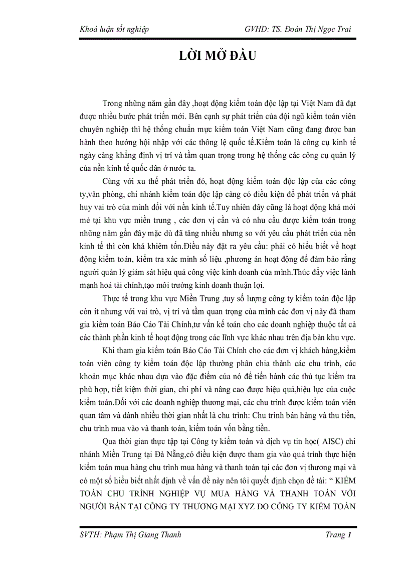 Kiểm toán chu trình nghiệp vụ mua hàng và thanh toán vớingười bán tại công ty thương mại xyz do công ty kiểm toán và dịch vụ tin học aisc chi nhánh miền trung tại đà nẵng thực hiện
