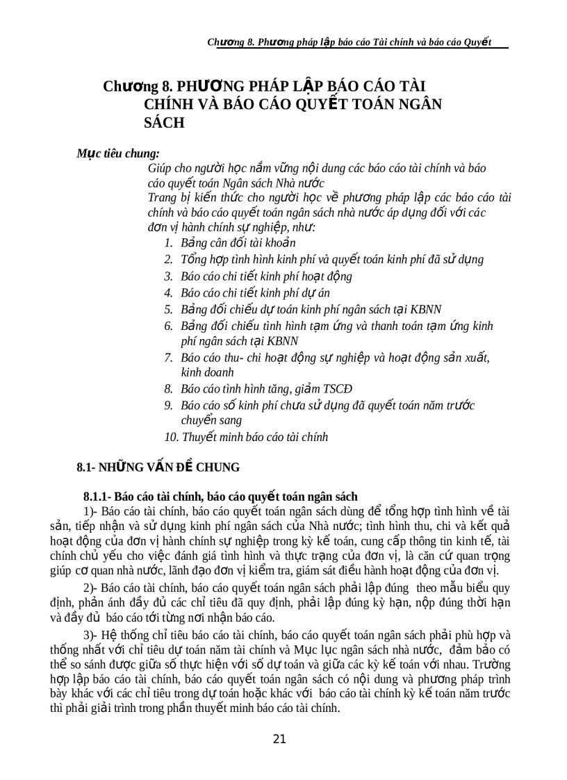 Phương pháp lập báo cáo Tài chính và báo cáo Quyết toán ngân sách