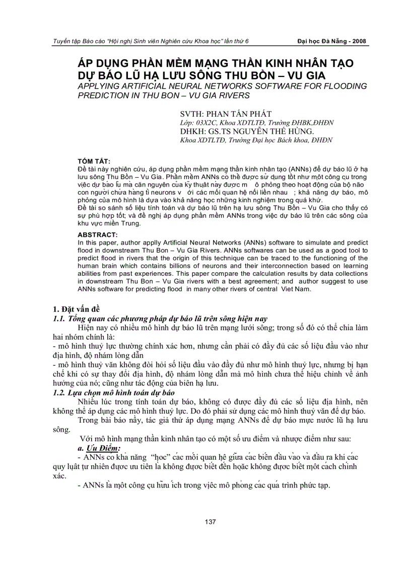 Áp dụng phần mềm mạng thần kinh nhân tạo dự báo lũ hạ lưu sông thu bồn vu gia