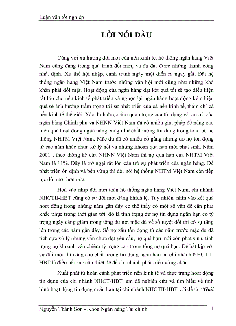 Luận văn tốt nghiệp Giải pháp nâng cao chất lượng tín dụng ngắn hạn tại chi nhánh NHCTII HBT