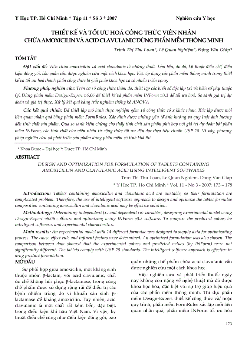 Thiết kế và tối ưu hoá công thức viên nhân chứa amoxicilin và acid clavulanic dùng phần mềm thông minh