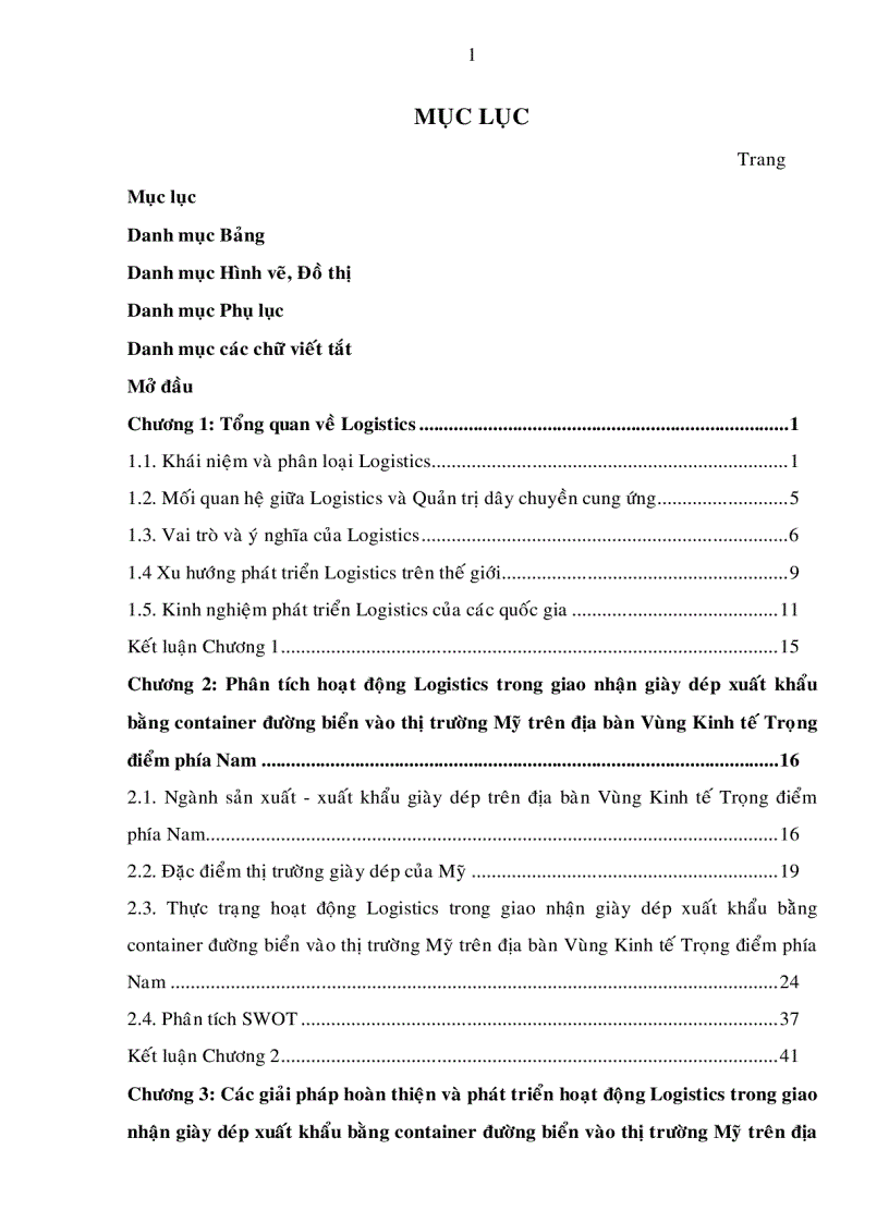 Các giải pháp hoàn thiện và phát triển hoạt động Logistics trong giao nhận giày dép xuất khẩu bằng Container đường biển vào thị trường Mỹ trên địa bàn vùng kinh tế trọng điểm phía Nam