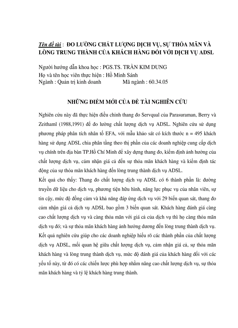 Đo lường chất lượng dịch vụ sự thỏa mãn và lòng trung thành của khách hàng đối với dịch vụ ADSL
