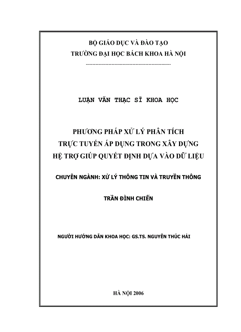 Phương pháp xử lý phân tích trực tuyến áp dụng trong xây dựng hệ trợ giúp quyết định dựa vào dữ liệu