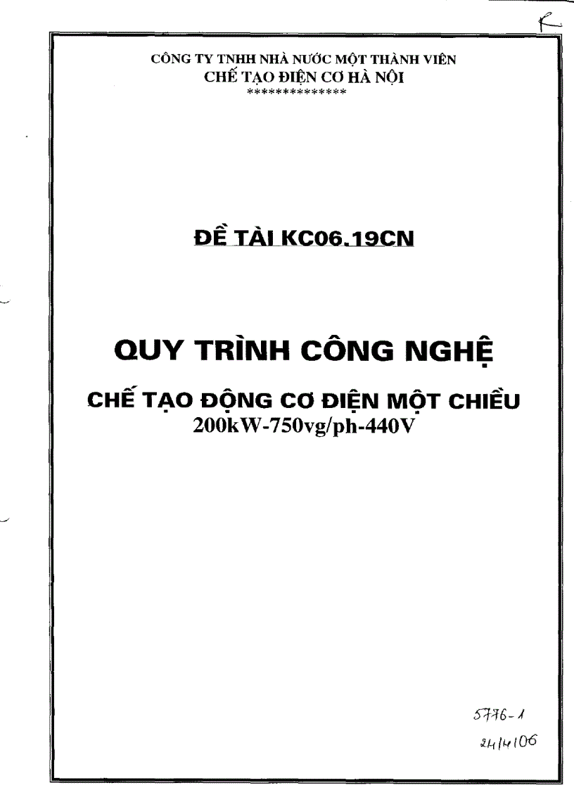 Quy trình công nghệ chế tạo động cơ điện một chiều 200kW 750vg Ph 440v